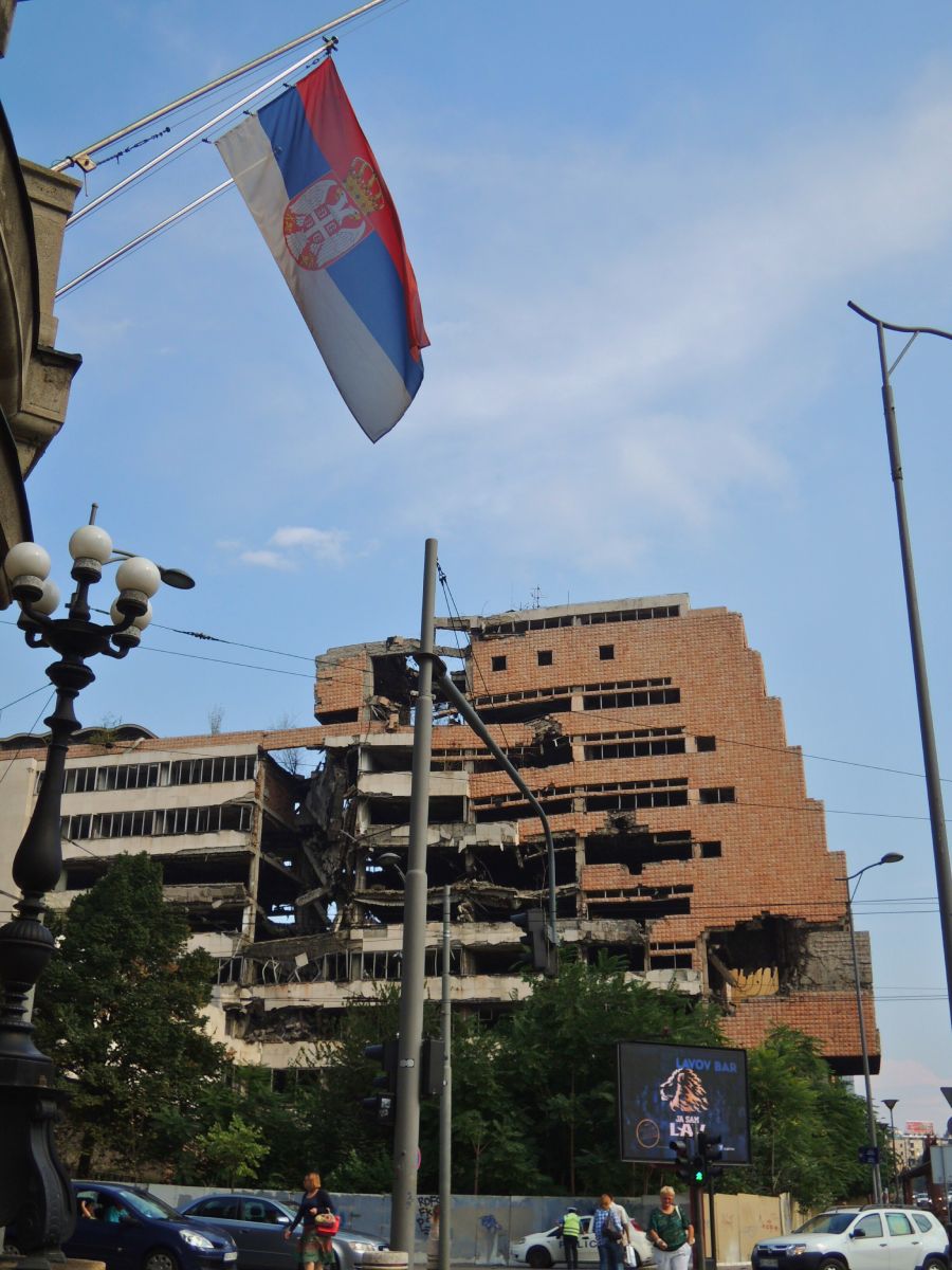 Yugoslav Ministry of Defence building with Serbian flag