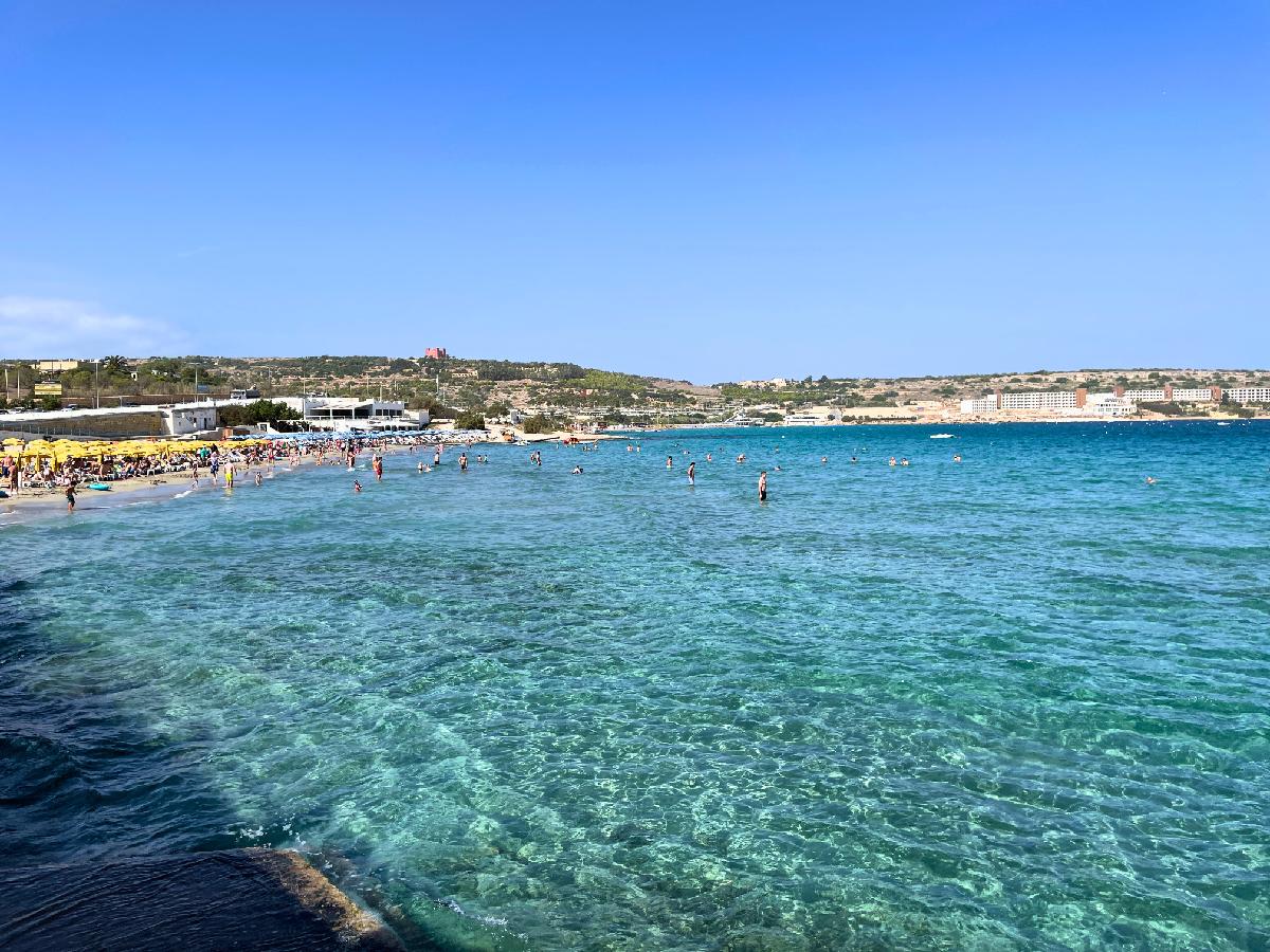 crystal clear water on Għadira Bay