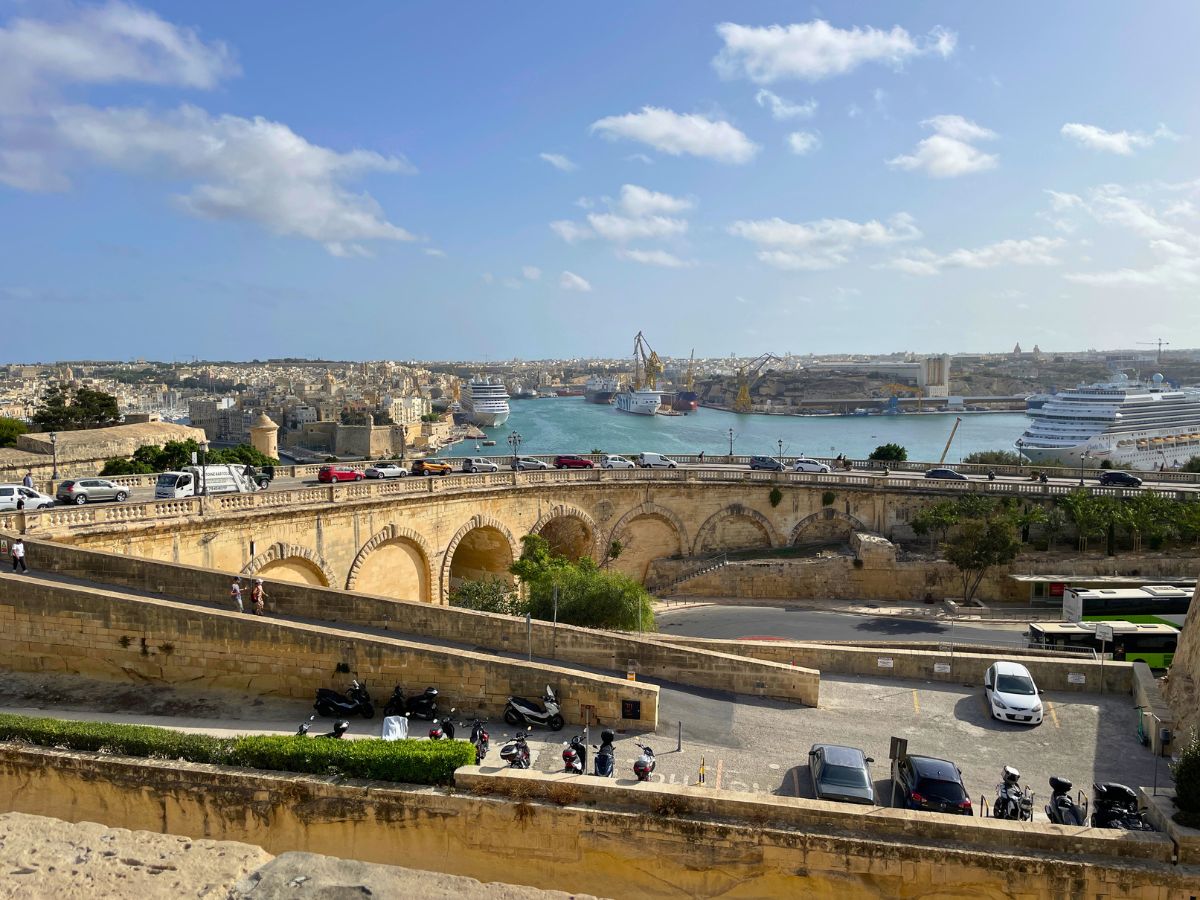 View from the city walls on Grand Harbour in Valletta on a sunny day