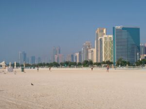 abu dhabi beach with iconic city panorama